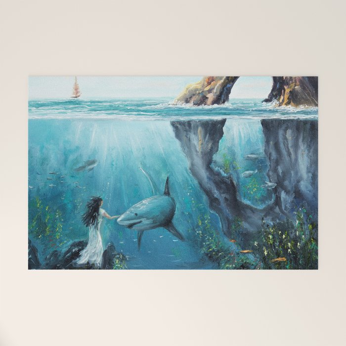 Surreal Ocean Dream 'Fairy Girl and the Shark' Welcome Mat Gallery Image 1