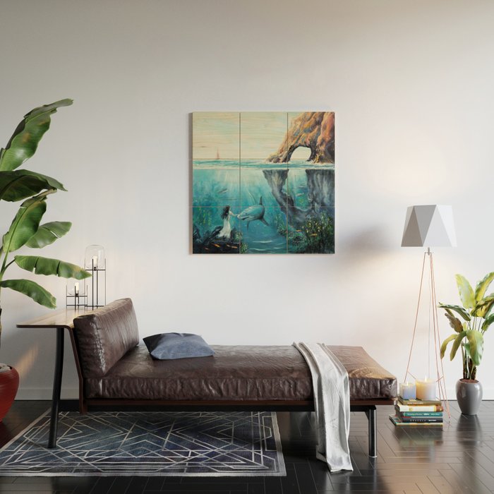 Surreal Ocean Dream 'Fairy Girl and the Shark' Wood Wall Art Gallery Image 2