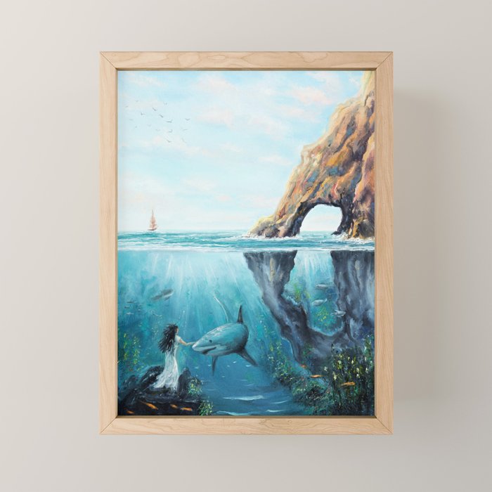 Surreal Ocean Dream 'Fairy Girl and the Shark' Mini Art Print Gallery Image 1