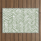 Boho, Abstract, Herringbone Pattern, Sage Green and White Outdoor Rug Gallery Image 1