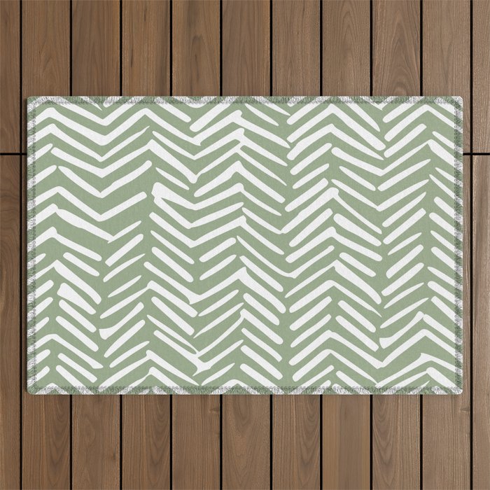 Boho, Abstract, Herringbone Pattern, Sage Green and White Outdoor Rug Gallery Image 1