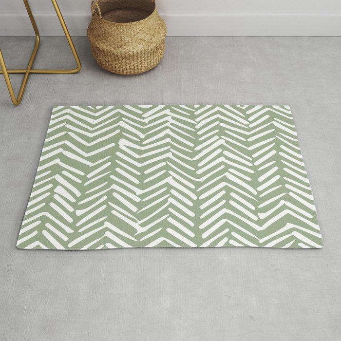 Boho, Abstract, Herringbone Pattern, Sage Green and White Rug Gallery Image 1