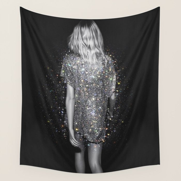 MAGIC GIRL - glitter artwork by Yana Potter, black and white photo, night vibes, sparkling and shiny Wall Tapestry Gallery Image 4