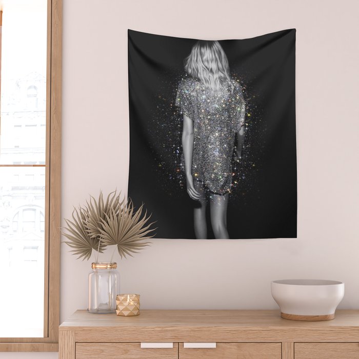 MAGIC GIRL - glitter artwork by Yana Potter, black and white photo, night vibes, sparkling and shiny Wall Tapestry Gallery Image 2