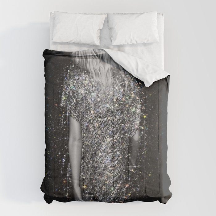 MAGIC GIRL - glitter artwork by Yana Potter, black and white photo, night vibes, sparkling and shiny Comforter Gallery Image 1