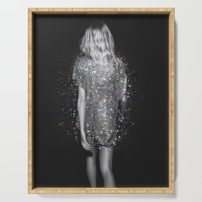 MAGIC GIRL - glitter artwork by Yana Potter, black and white photo, night vibes, sparkling and shiny Serving Tray Gallery Image 1