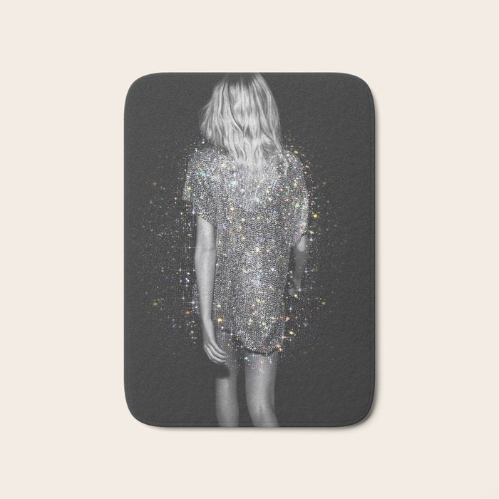 MAGIC GIRL - glitter artwork by Yana Potter, black and white photo, night vibes, sparkling and shiny Bath Mat Gallery Image 1