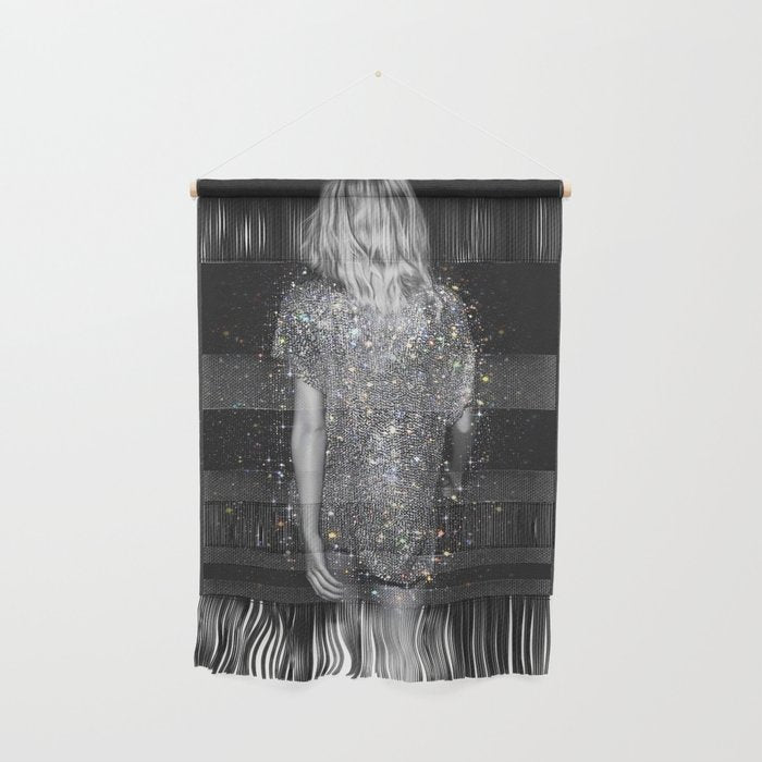 MAGIC GIRL - glitter artwork by Yana Potter, black and white photo, night vibes, sparkling and shiny Wall Hanging Gallery Image 1