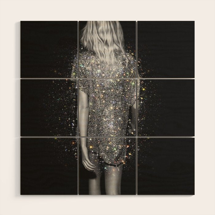 MAGIC GIRL - glitter artwork by Yana Potter, black and white photo, night vibes, sparkling and shiny Wood Wall Art Gallery Image 1