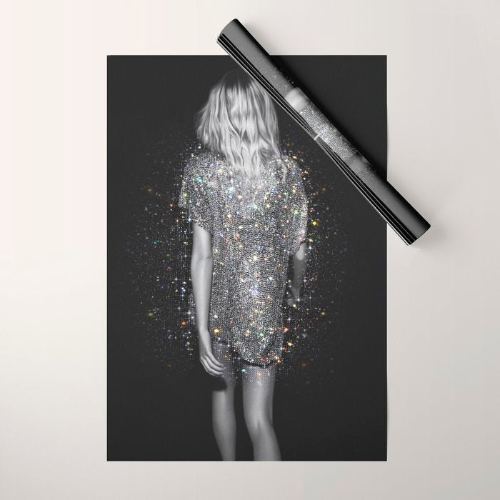 MAGIC GIRL - glitter artwork by Yana Potter, black and white photo, night vibes, sparkling and shiny Wrapping Paper Gallery Image 1