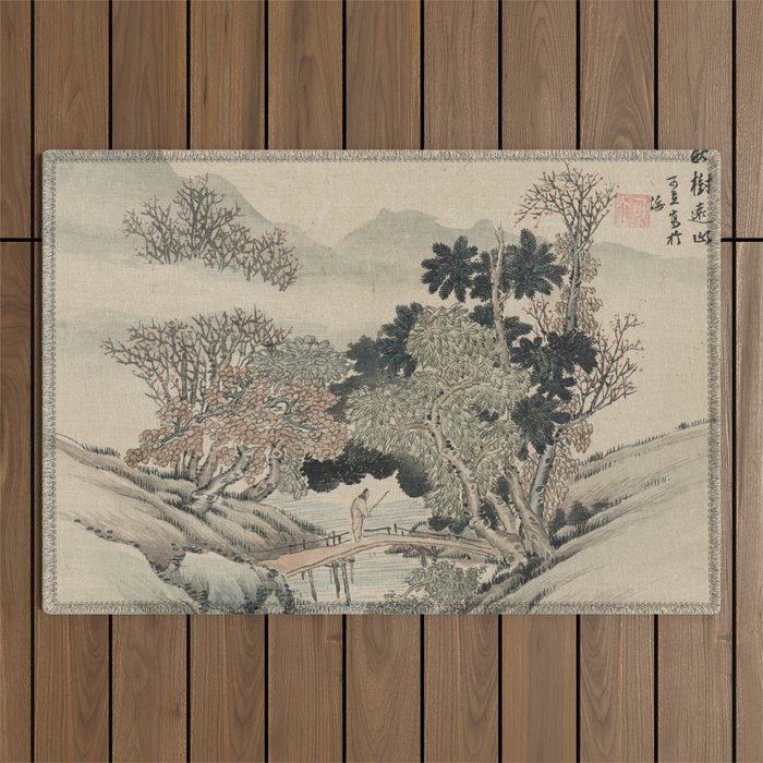 Vintage Japanese Landscape Painting Outdoor Rug Gallery Image 1