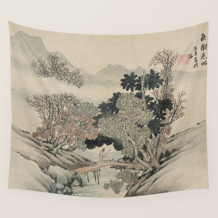 Vintage Japanese Landscape Painting Wall Tapestry