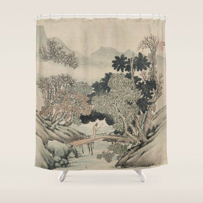 Vintage Japanese Landscape Painting Shower Curtain Gallery Image 1