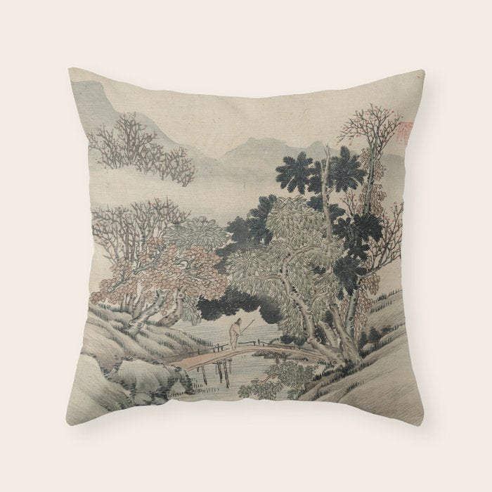 Vintage Japanese Landscape Painting Throw Pillow Gallery Image 6