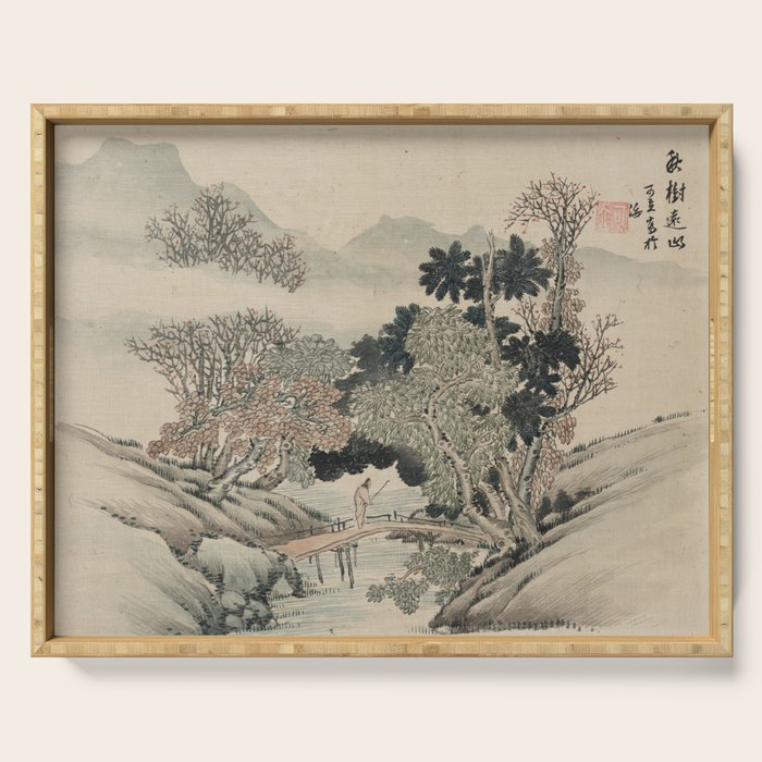 Vintage Japanese Landscape Painting Serving Tray