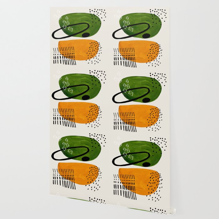 Mid Century Modern Abstract Colorful Art Patterns Olive Green Yellow Ochre Orbit Geometric Objects Wallpaper Gallery Image 2