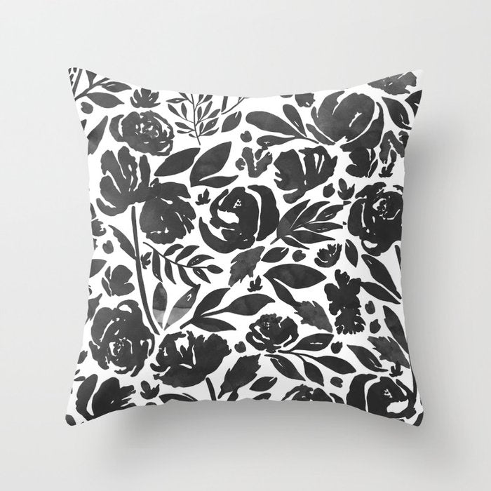 Simple black and white flower garden Throw Pillow Gallery Image 6