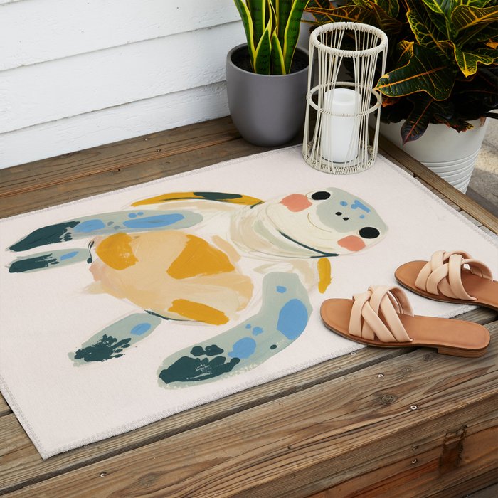 Smiling Sea Turtle Soft Pastel Nursery Animal Outdoor Rug Gallery Image 2
