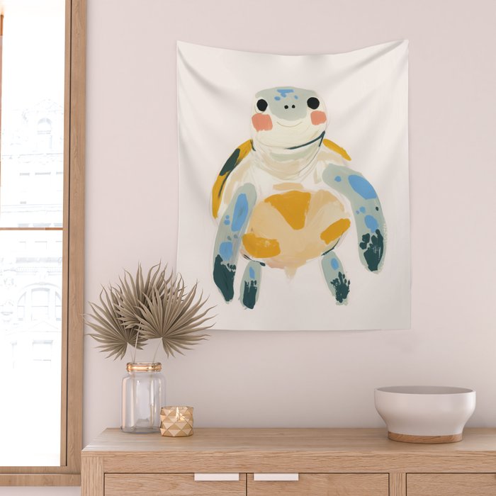 Smiling Sea Turtle Soft Pastel Nursery Animal Wall Tapestry Gallery Image 2
