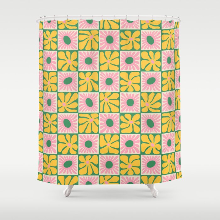 Retro checkered flower art pattern Shower Curtain Gallery Image 1