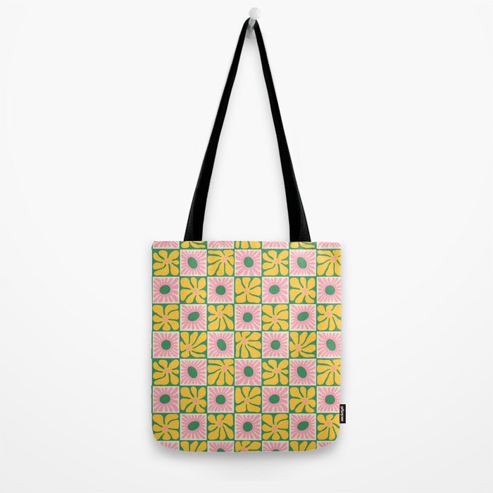 Retro checkered flower art pattern Tote Bag Gallery Image 2