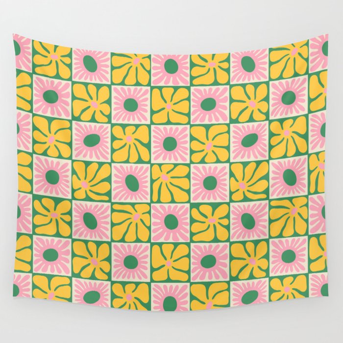 Retro checkered flower art pattern Wall Tapestry Gallery Image 4