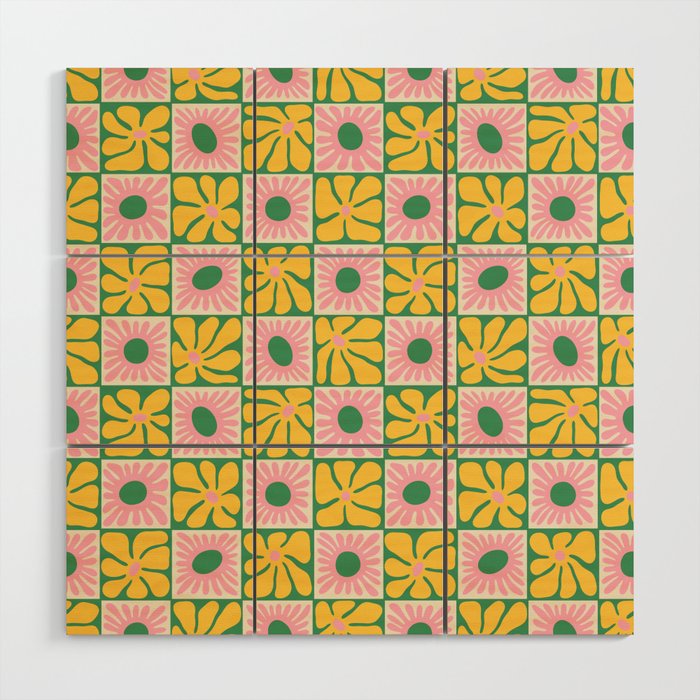 Retro checkered flower art pattern Wood Wall Art Gallery Image 1