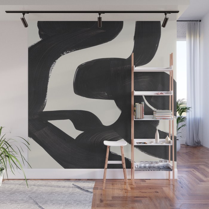 Mid Century Modern Minimalist Abstract Art Brush Strokes Black & White Ink Art Maze Wall Mural Gallery Image 1