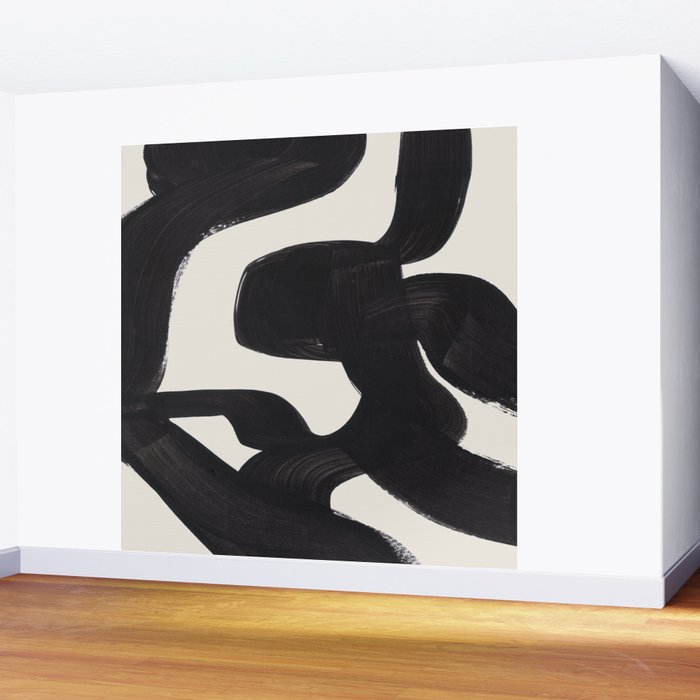 Mid Century Modern Minimalist Abstract Art Brush Strokes Black & White Ink Art Maze Wall Mural Gallery Image 2