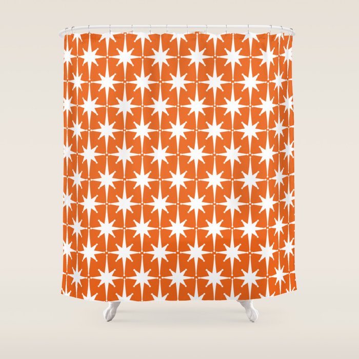 Atomic Age Retro Mid-century Modern Pattern in White and Orange Shower Curtain Gallery Image 1
