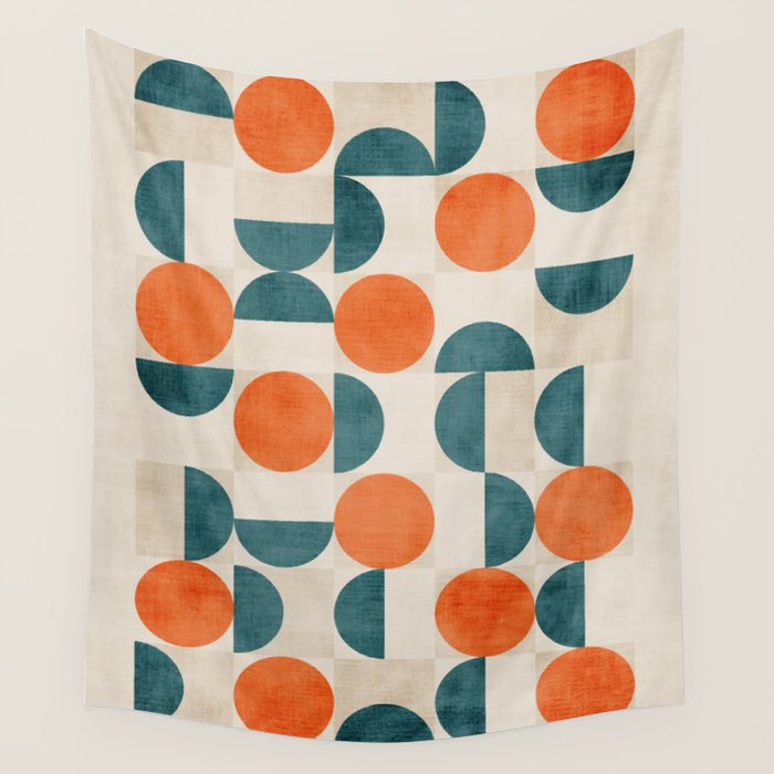 Geometric Modern MCM Orange Teal  Unique Artwork Wall Tapestry Gallery Image 1