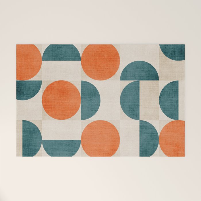 Geometric Modern MCM Orange Teal  Unique Artwork Welcome Mat Gallery Image 1