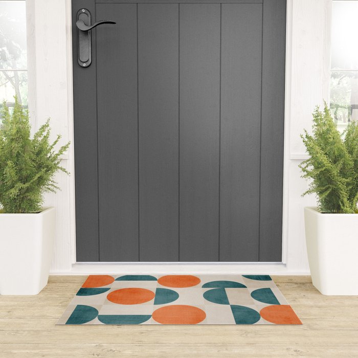Geometric Modern MCM Orange Teal  Unique Artwork Welcome Mat Gallery Image 3