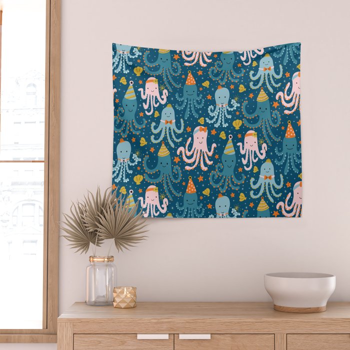 Octopus Birthday Party Pattern Wall Tapestry Gallery Image 2