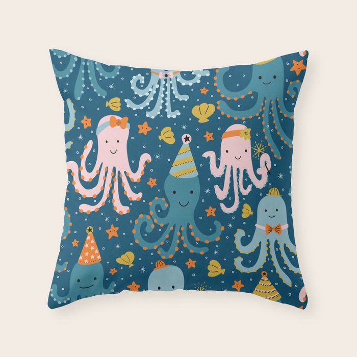 Octopus Birthday Party Pattern Throw Pillow Gallery Image 6
