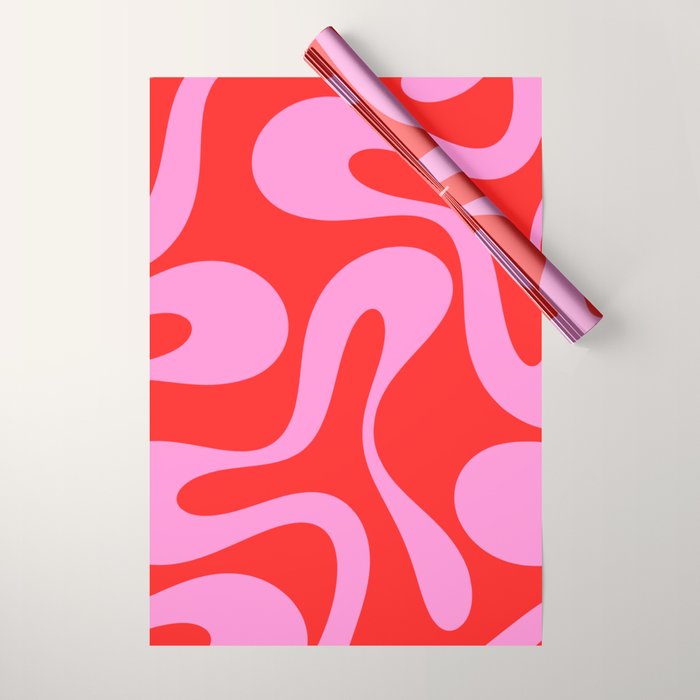 Retro Modern Soft Curves Abstract Pop Pattern in Preppy Pink and Red Wrapping Paper Gallery Image 1