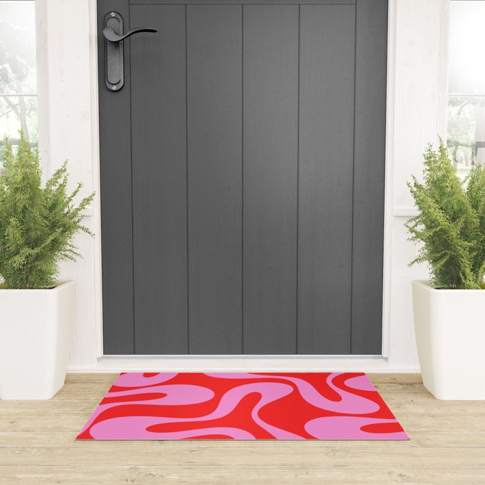 Retro Modern Soft Curves Abstract Pop Pattern in Preppy Pink and Red Welcome Mat Gallery Image 3