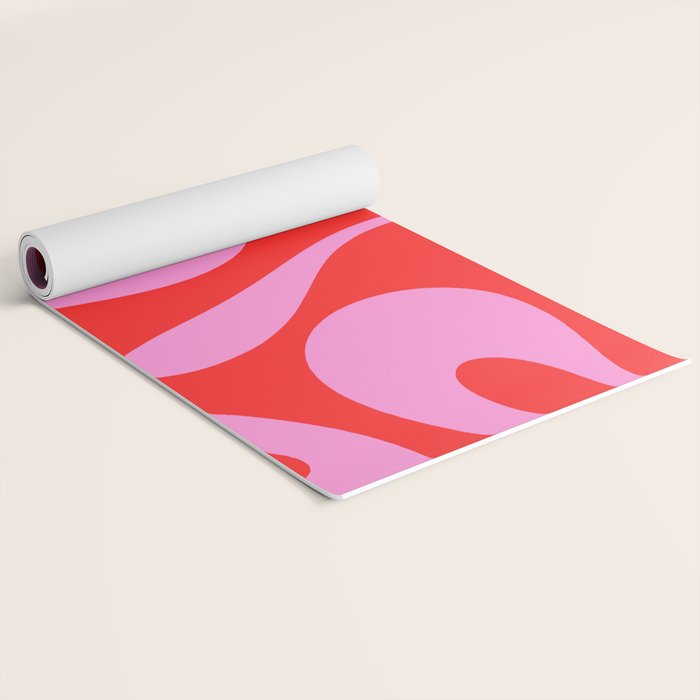 Retro Modern Soft Curves Abstract Pop Pattern in Preppy Pink and Red Yoga Mat Gallery Image 2