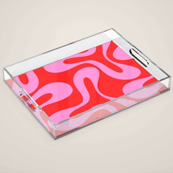 Retro Modern Soft Curves Abstract Pop Pattern in Preppy Pink and Red Acrylic Tray Gallery Image 1