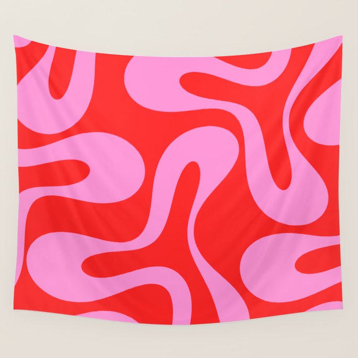 Retro Modern Soft Curves Abstract Pop Pattern in Preppy Pink and Red Wall Tapestry Gallery Image 4