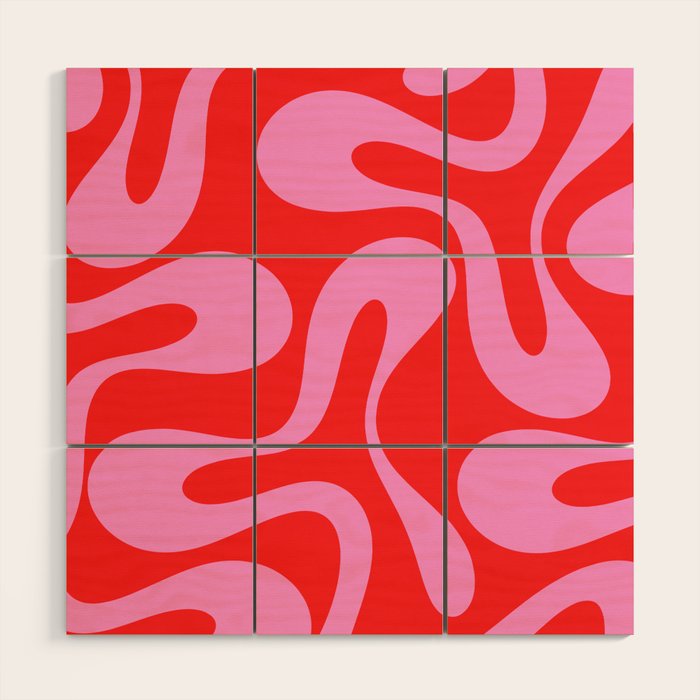Retro Modern Soft Curves Abstract Pop Pattern in Preppy Pink and Red Wood Wall Art Gallery Image 1