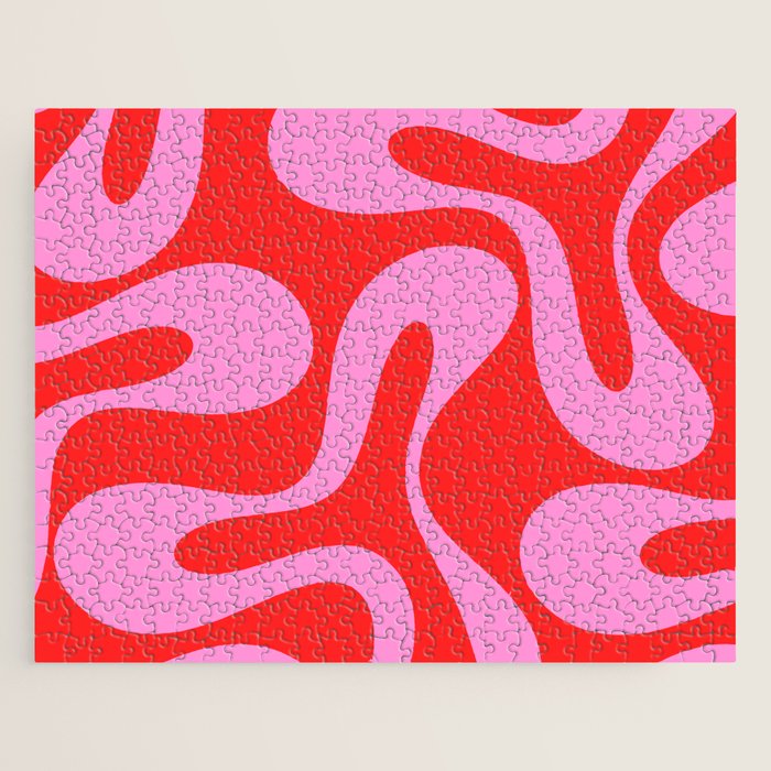 Retro Modern Soft Curves Abstract Pop Pattern in Preppy Pink and Red Jigsaw Puzzle Gallery Image 1