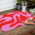 Retro Modern Soft Curves Abstract Pop Pattern in Preppy Pink and Red Outdoor Rug Gallery Image 2
