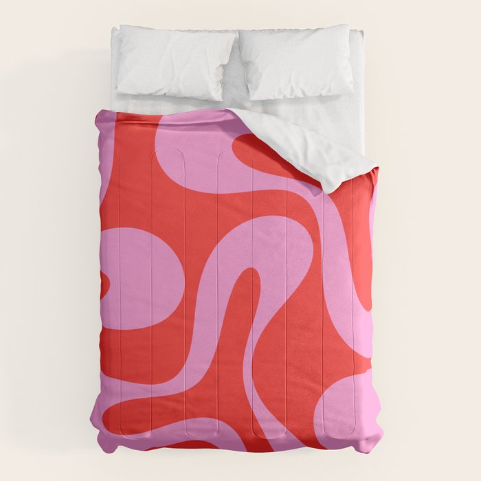Retro Modern Soft Curves Abstract Pop Pattern in Preppy Pink and Red Comforter Gallery Image 6