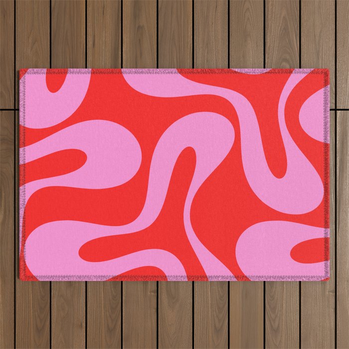 Retro Modern Soft Curves Abstract Pop Pattern in Preppy Pink and Red Outdoor Rug Gallery Image 1