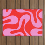 Retro Modern Soft Curves Abstract Pop Pattern in Preppy Pink and Red Outdoor Rug Gallery Image 1