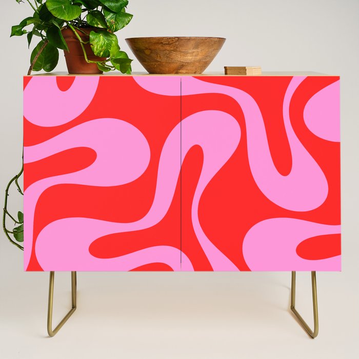 Retro Modern Soft Curves Abstract Pop Pattern in Preppy Pink and Red Credenza Gallery Image 1