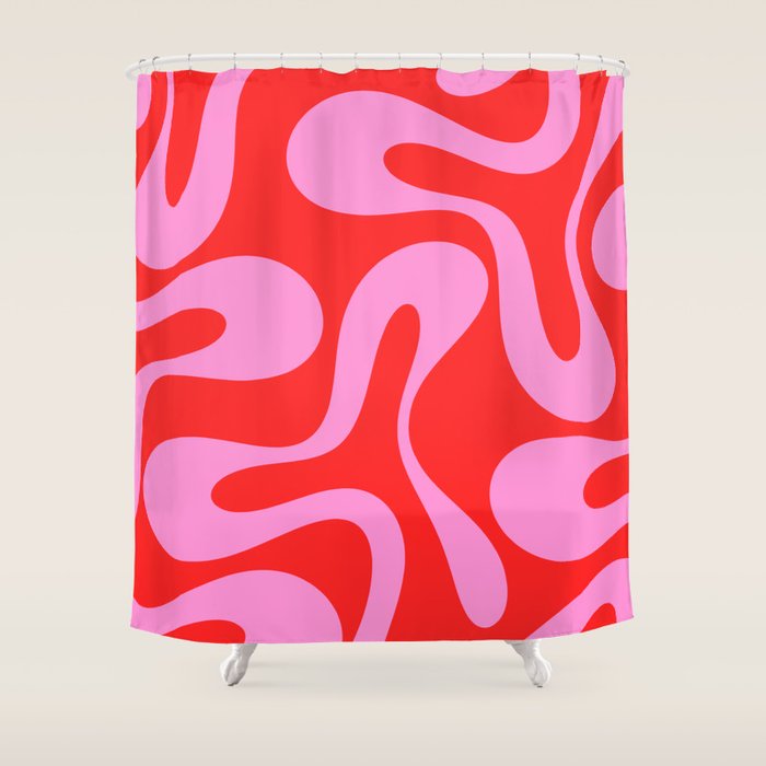 Retro Modern Soft Curves Abstract Pop Pattern in Preppy Pink and Red Shower Curtain Gallery Image 1