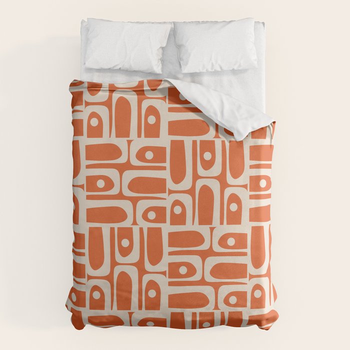 Mid Century Modern Piquet Geometric Multi Pattern in Orange Spice and Beige Duvet Cover Gallery Image 1