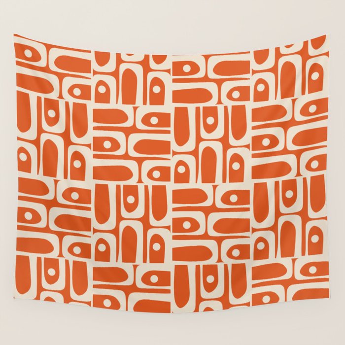 Mid Century Modern Piquet Geometric Multi Pattern in Orange Spice and Beige Wall Tapestry Gallery Image 4